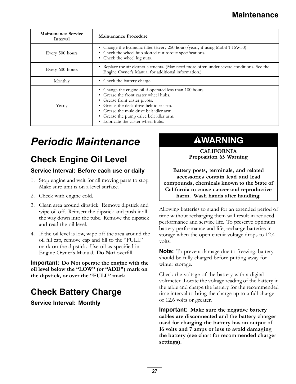 Periodic maintenance, Check engine oil level check battery charge, Check engine oil level | Check battery charge, Warning, Maintenance | Exmark FrontRunner Air-Cooled User Manual | Page 27 / 48