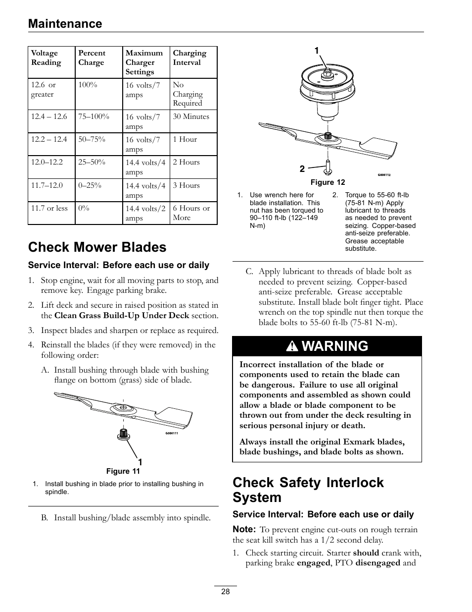 Check mower blades check safety interlock system, Check mower blades, Warning | Check safety interlock system, Maintenance | Exmark FrontRunner Air-Cooled User Manual | Page 28 / 48