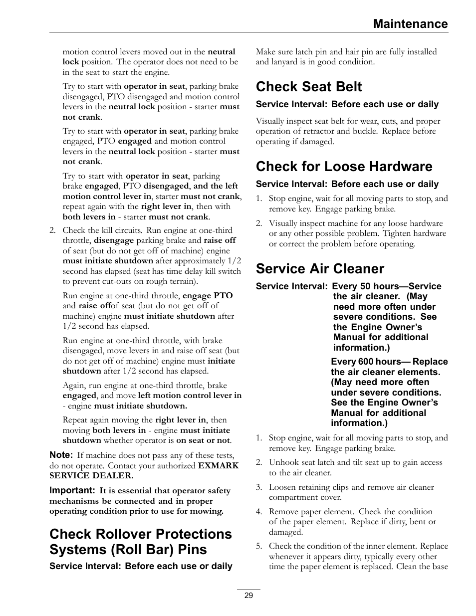 Check rollover protections systems (roll, Bar) pins, Check rollover protections systems (roll bar) pins | Check seat belt, Check for loose hardware, Service air cleaner, Maintenance | Exmark FrontRunner Air-Cooled User Manual | Page 29 / 48