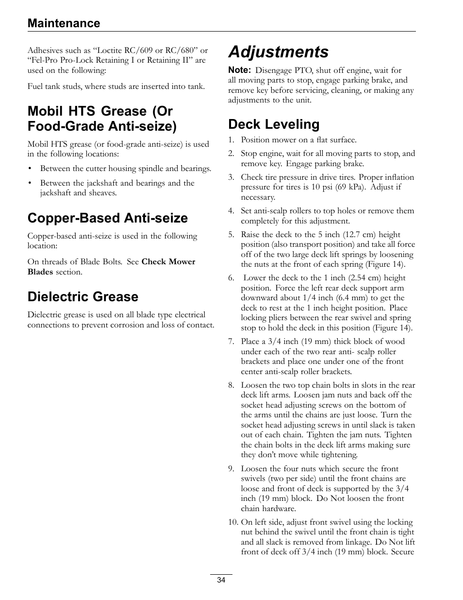 Mobil hts grease (or food-grade, Anti-seize), Copper-based anti-seize dielectric grease | Adjustments, Deck leveling, Mobil hts grease (or food-grade anti-seize), Copper-based anti-seize, Dielectric grease, Maintenance | Exmark FrontRunner Air-Cooled User Manual | Page 34 / 48