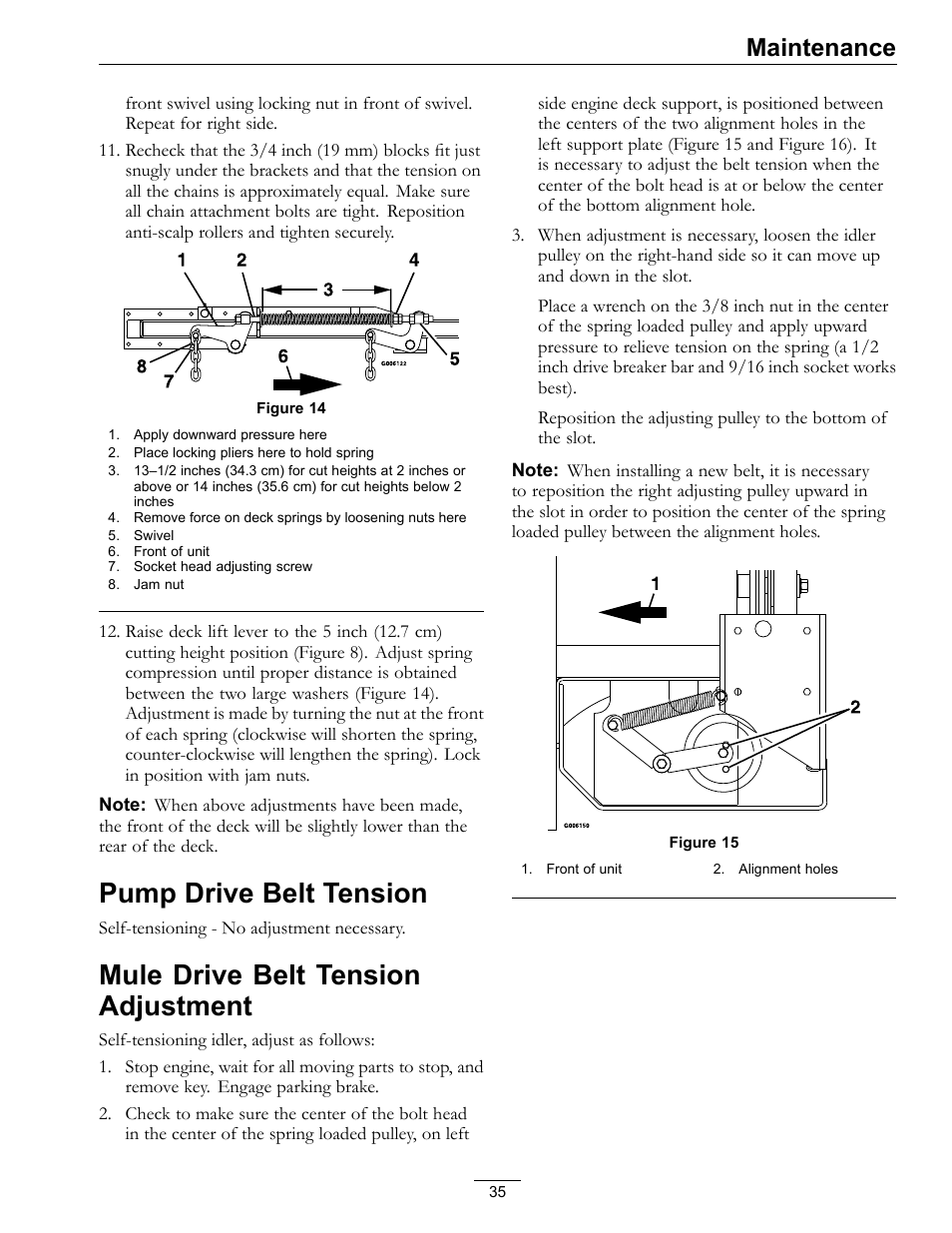 Pump drive belt tension, Mule drive belt tension adjustment, Maintenance | Exmark FrontRunner Air-Cooled User Manual | Page 35 / 48