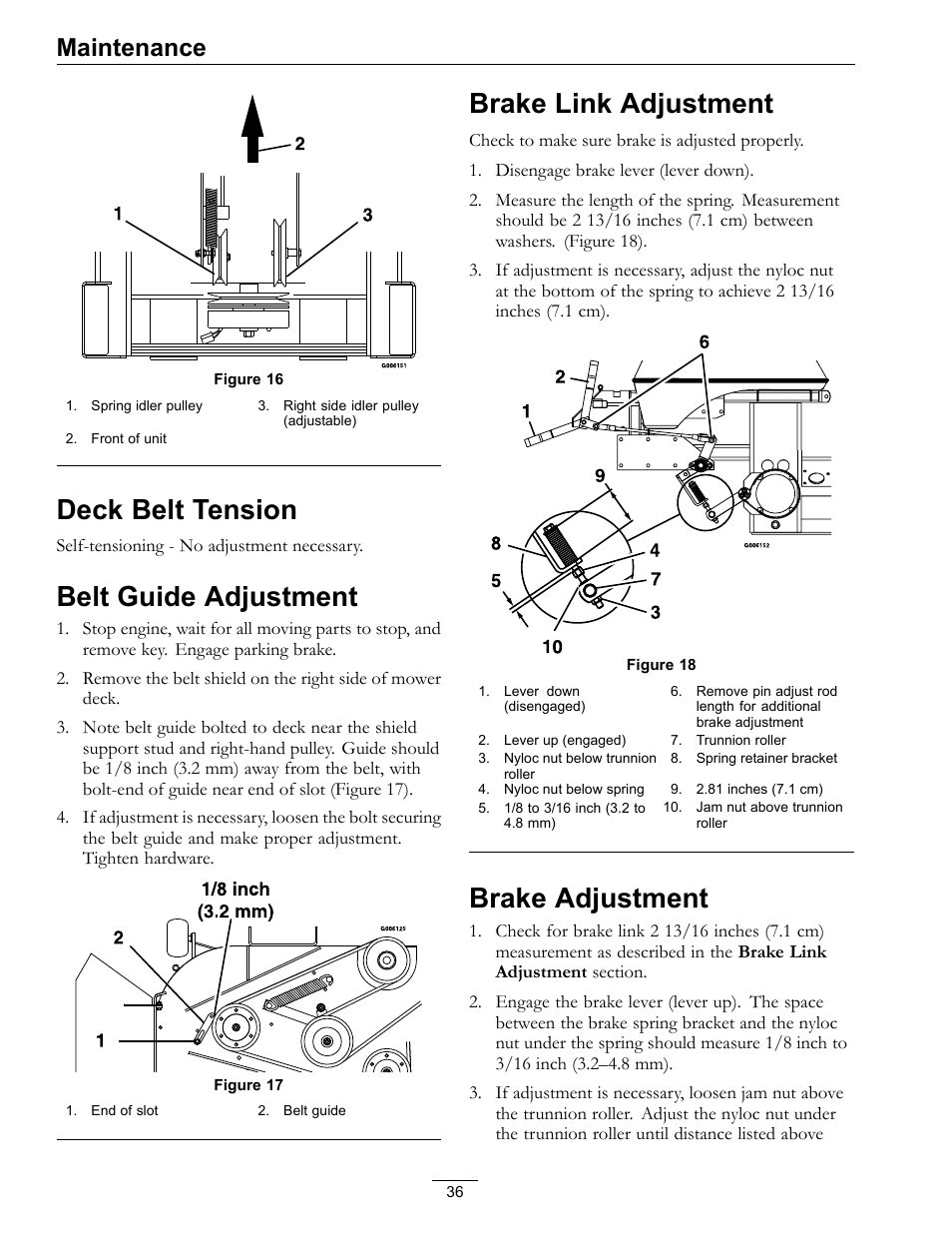 Deck belt tension, Figure 16, Belt guide adjustment | Brake link adjustment, Brake adjustment, Maintenance | Exmark FrontRunner Air-Cooled User Manual | Page 36 / 48