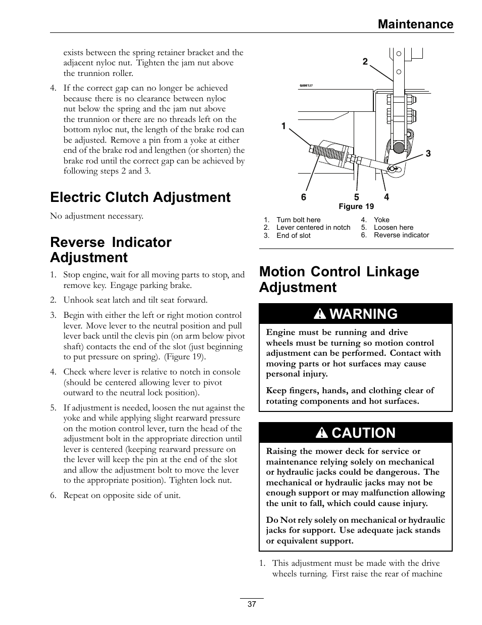 Electric clutch adjustment, Reverse indicator adjustment, Motion control linkage adjustment warning | Caution, Maintenance | Exmark FrontRunner Air-Cooled User Manual | Page 37 / 48