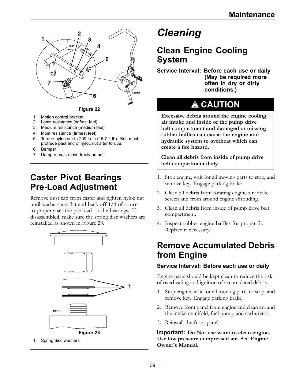 Caster pivot bearings pre-load, Adjustment, Cleaning | Figure 22, Caster pivot bearings pre-load adjustment, Clean engine cooling system, Caution, Remove accumulated debris from engine, Maintenance | Exmark FrontRunner Air-Cooled User Manual | Page 39 / 48