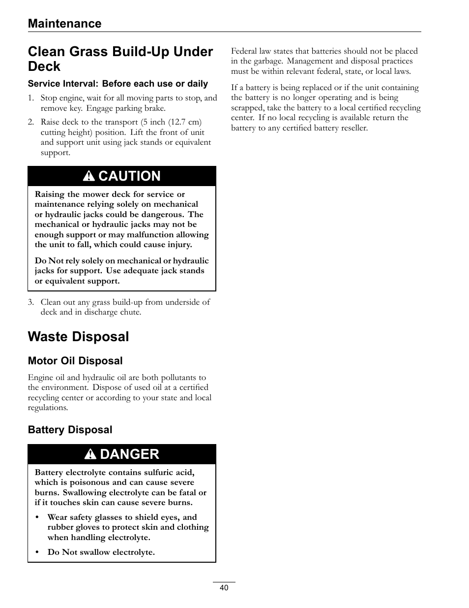 Clean grass build-up under deck waste disposal, Clean grass build-up under deck, Caution | Waste disposal, Danger, Maintenance | Exmark FrontRunner Air-Cooled User Manual | Page 40 / 48