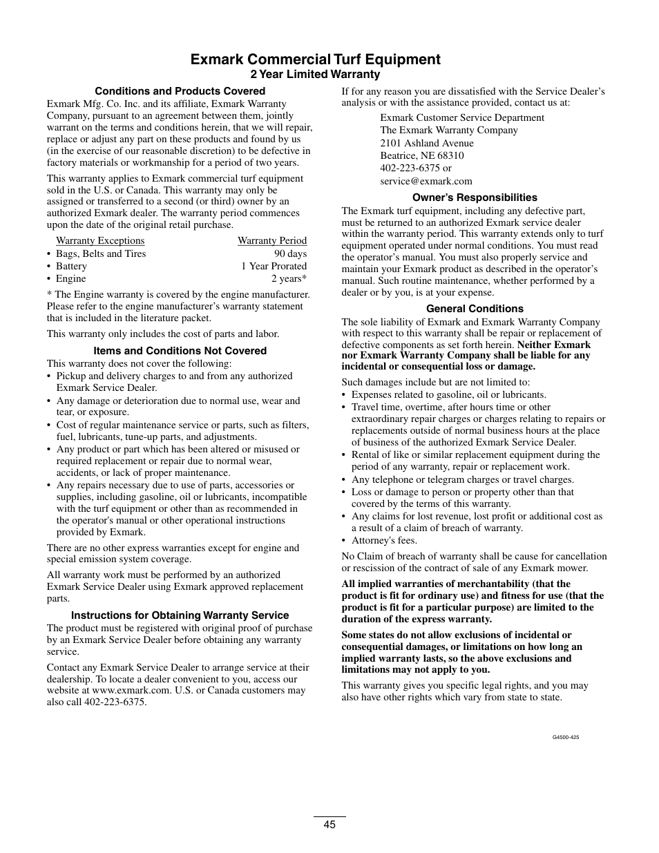 Exmark commercial turf equipment | Exmark FrontRunner Air-Cooled User Manual | Page 45 / 48