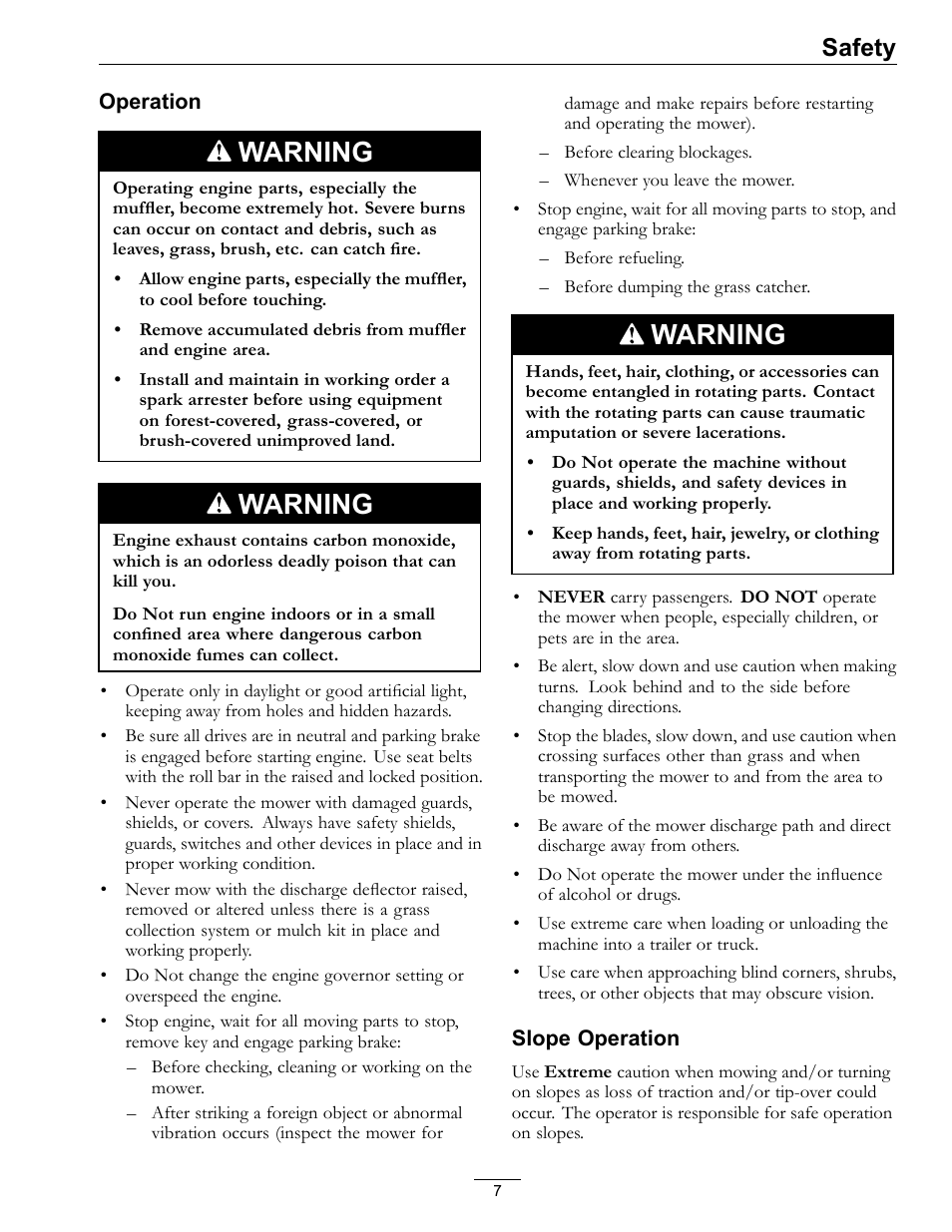 Warning, Safety | Exmark FrontRunner Air-Cooled User Manual | Page 7 / 48