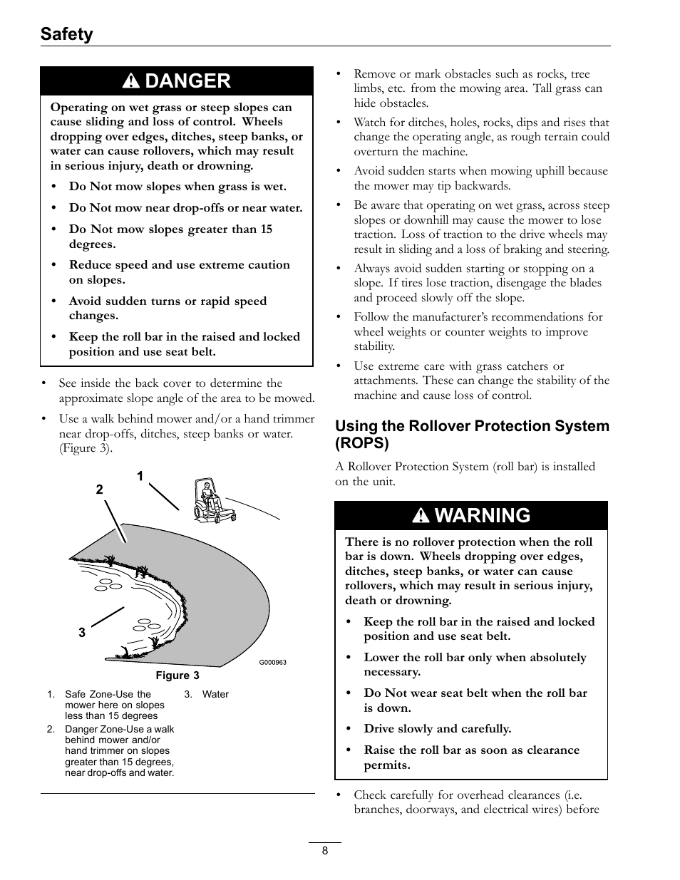 Danger, Warning, Safety | Exmark FrontRunner Air-Cooled User Manual | Page 8 / 48