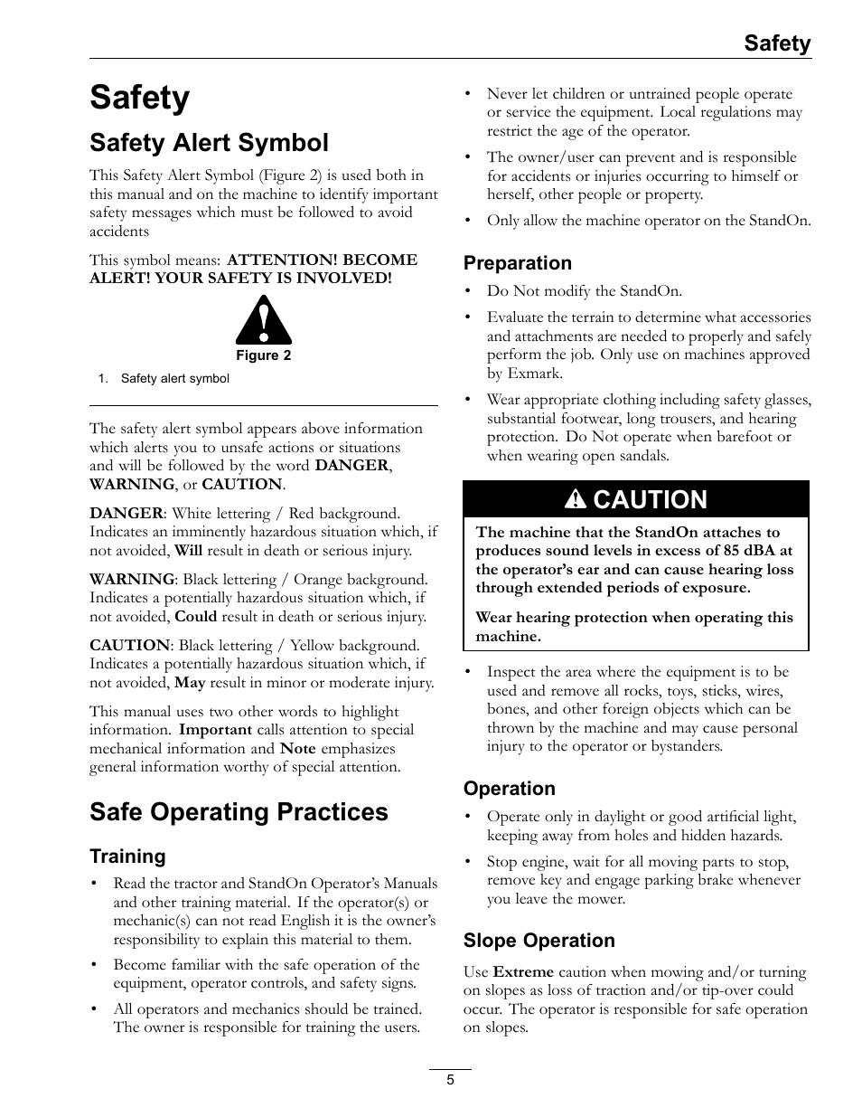 Safety, Safety alert symbol safe operating practices, Safety alert symbol | Safe operating practices, Caution | Exmark Standon 4500-435 User Manual | Page 5 / 20