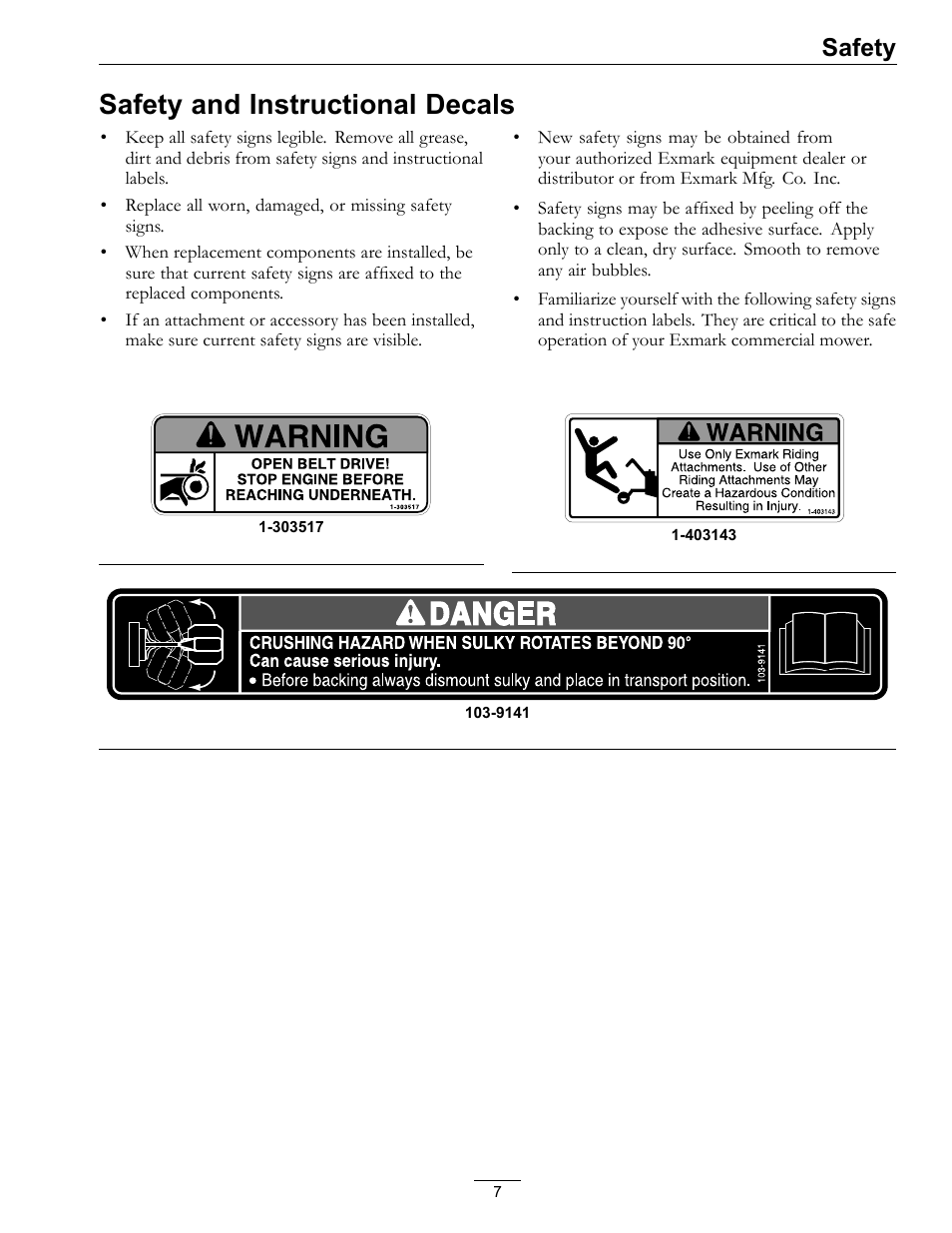 Safety and instructional decals, Safety | Exmark Standon 4500-435 User Manual | Page 7 / 20