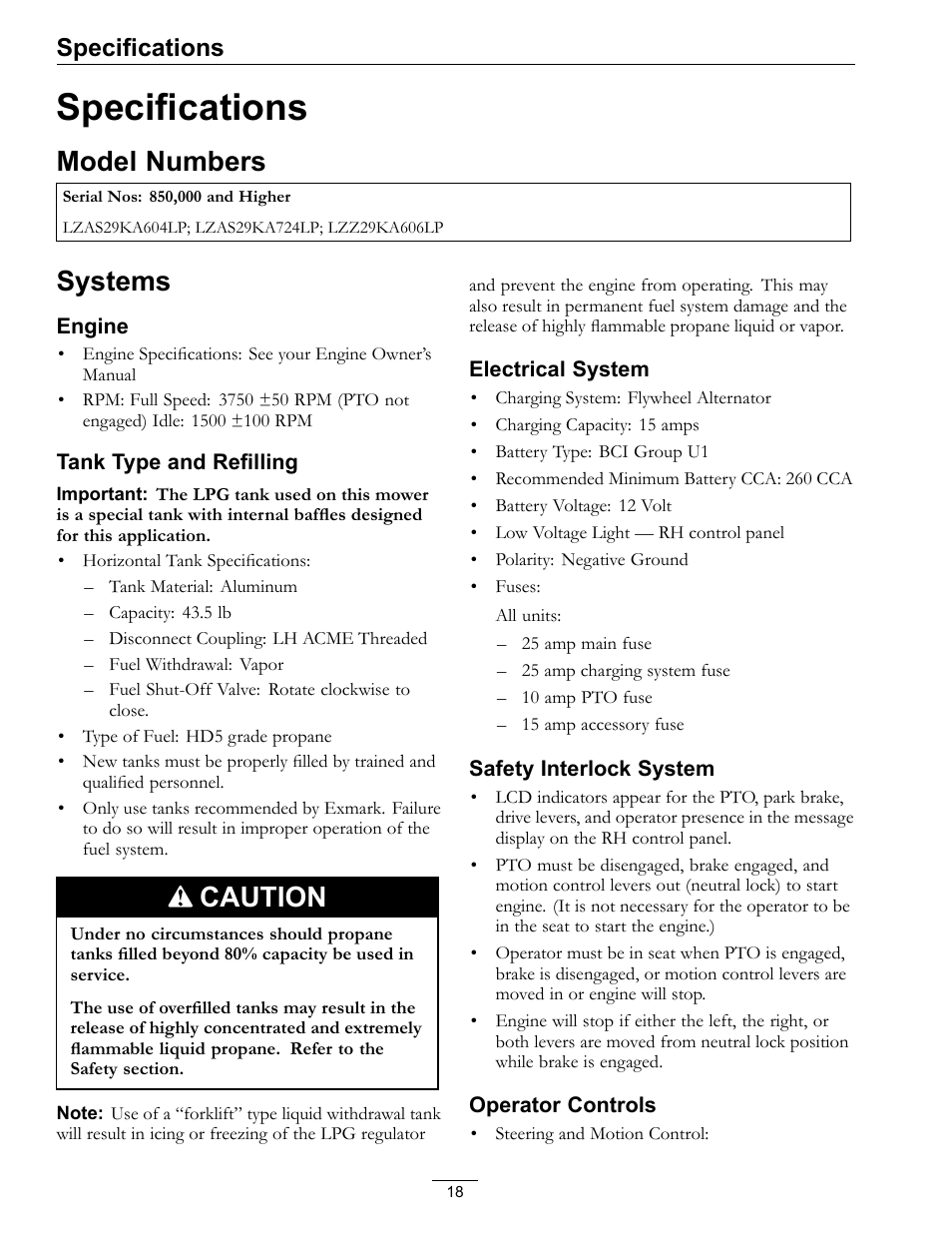 Specifications, Model numbers systems, Model numbers | Systems, Caution | Exmark Lazer Z Mower 4500-645 User Manual | Page 18 / 64