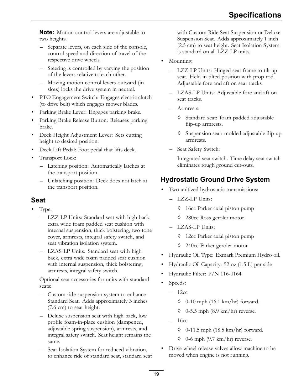 Specifications | Exmark Lazer Z Mower 4500-645 User Manual | Page 19 / 64