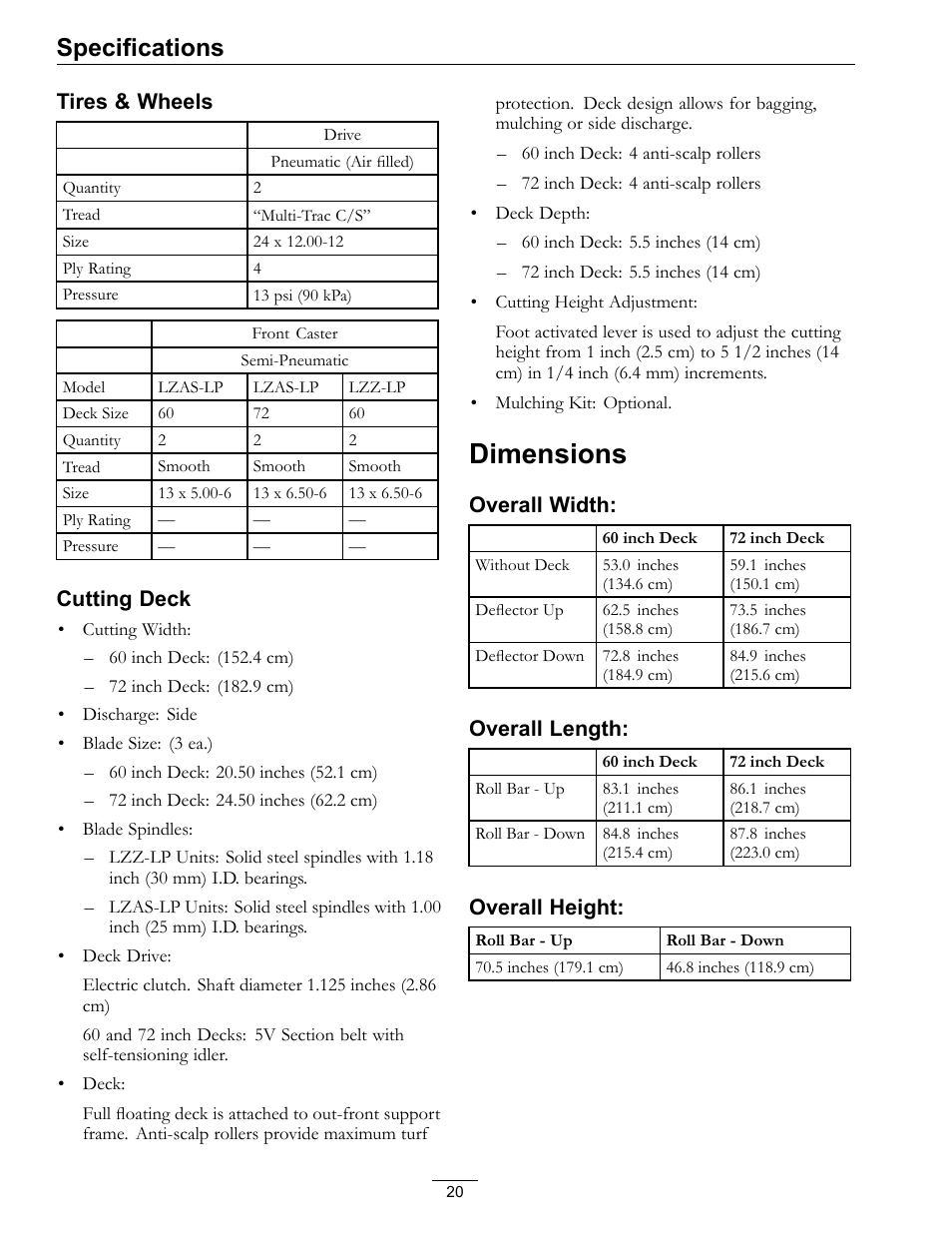 Dimensions, Specifications | Exmark Lazer Z Mower 4500-645 User Manual | Page 20 / 64