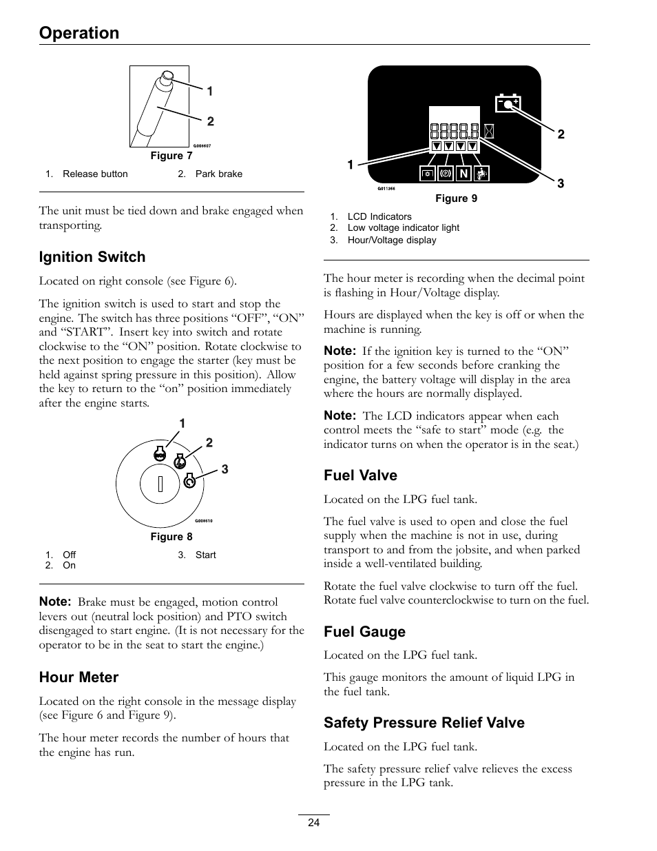 Figure 9, Figure 9), Operation | Ignition switch, Hour meter, Fuel valve, Fuel gauge, Safety pressure relief valve | Exmark Lazer Z Mower 4500-645 User Manual | Page 24 / 64