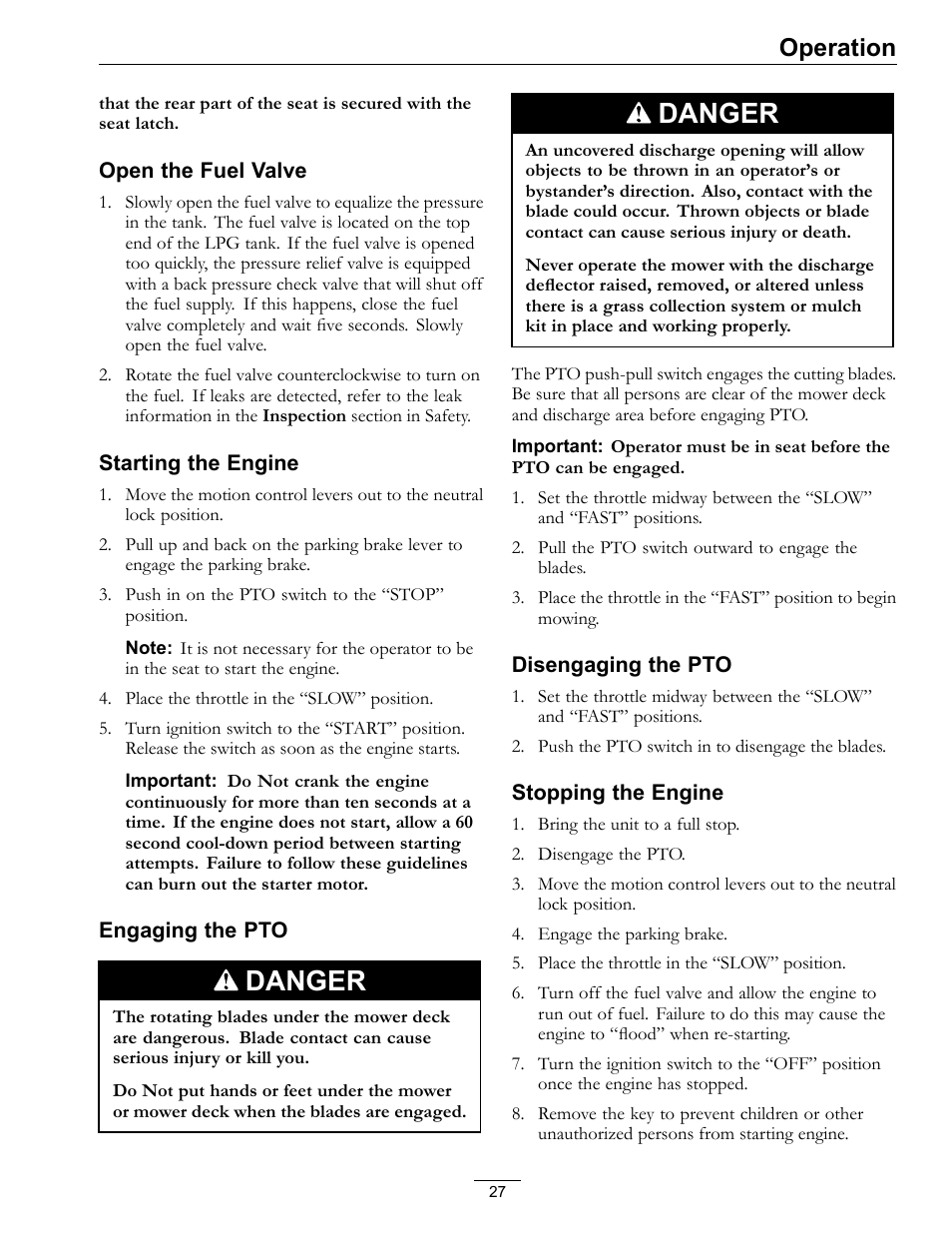 Danger, Operation | Exmark Lazer Z Mower 4500-645 User Manual | Page 27 / 64