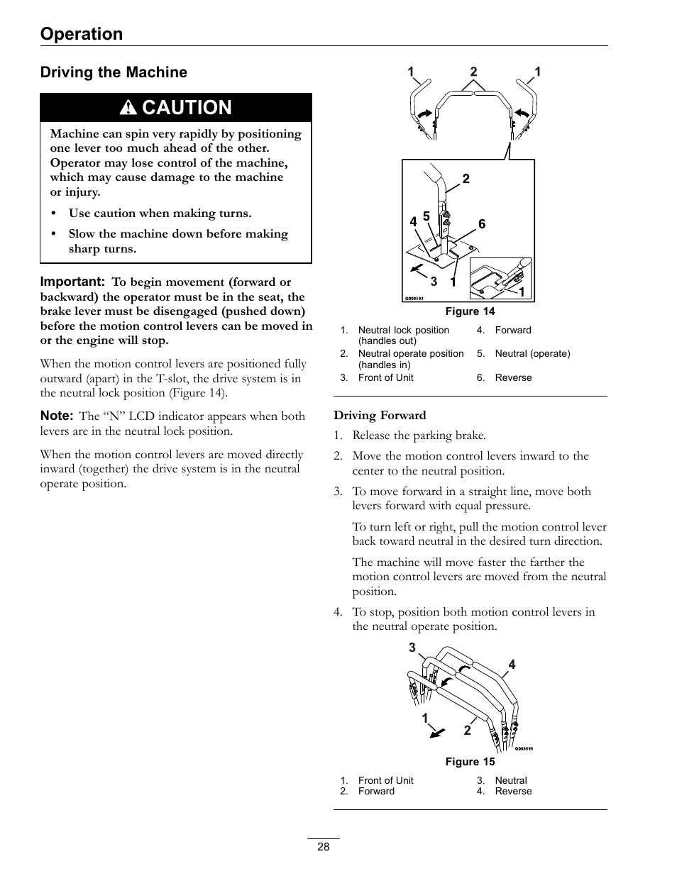 Caution, Operation, Driving the machine | Exmark Lazer Z Mower 4500-645 User Manual | Page 28 / 64