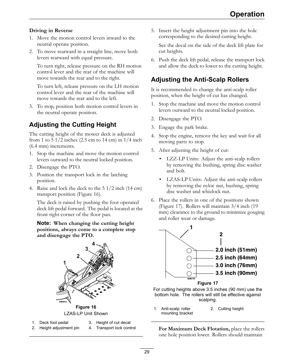 Operation, Adjusting the cutting height, Adjusting the anti-scalp rollers | Exmark Lazer Z Mower 4500-645 User Manual | Page 29 / 64