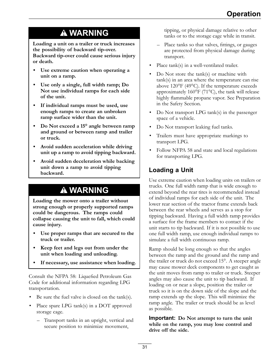 Warning, Operation | Exmark Lazer Z Mower 4500-645 User Manual | Page 31 / 64