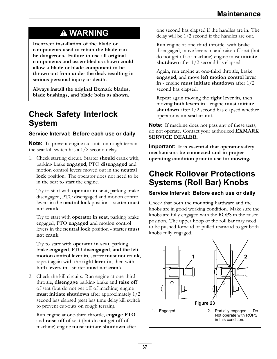 Bar) knobs, Warning, Check safety interlock system | Maintenance | Exmark Lazer Z Mower 4500-645 User Manual | Page 37 / 64