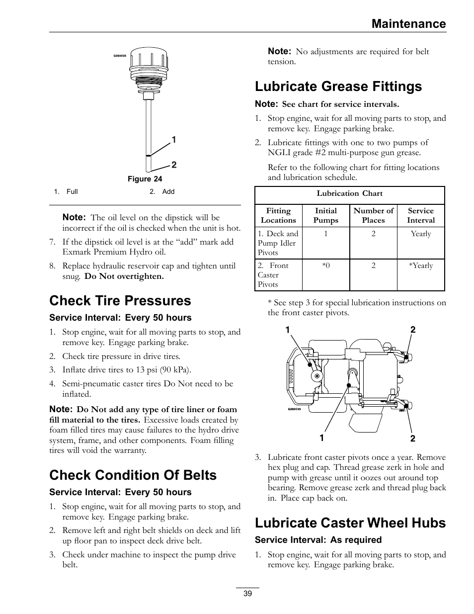 Check tire pressures, Check condition of belts, Lubricate grease fittings | Lubricate caster wheel hubs, Maintenance | Exmark Lazer Z Mower 4500-645 User Manual | Page 39 / 64