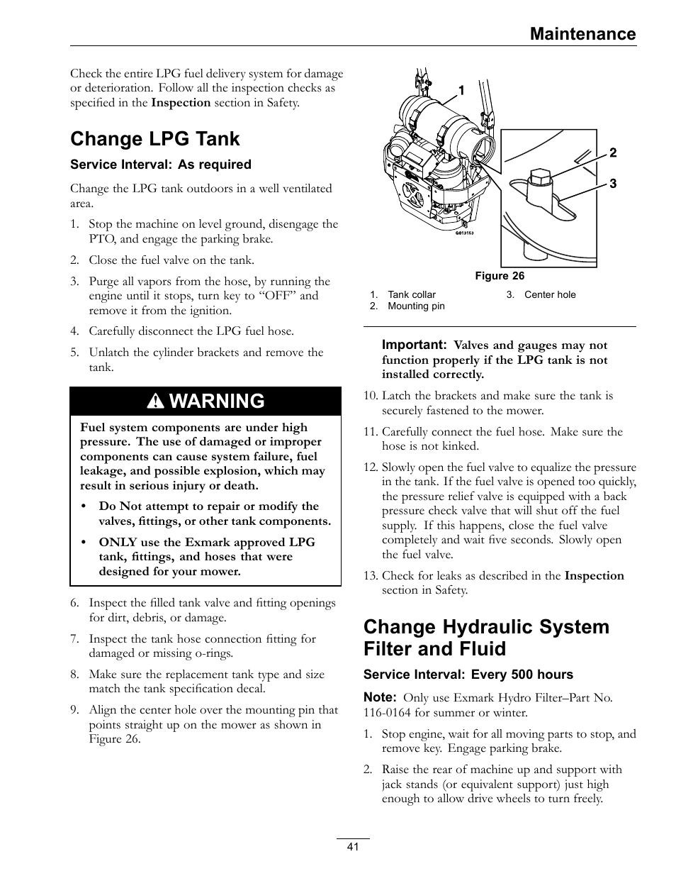 Change hydraulic system filter and, Fluid, Change lpg tank | Warning, Change hydraulic system filter and fluid, Maintenance | Exmark Lazer Z Mower 4500-645 User Manual | Page 41 / 64