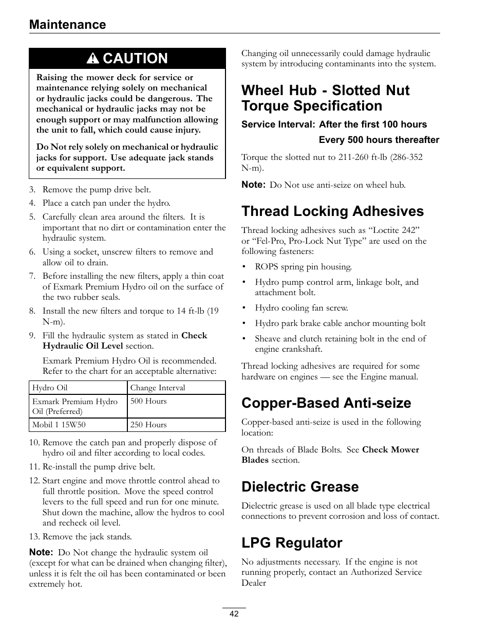 Wheel hub - slotted nut torque, Specification, Caution | Wheel hub - slotted nut torque specification, Thread locking adhesives, Copper-based anti-seize, Dielectric grease, Lpg regulator, Maintenance | Exmark Lazer Z Mower 4500-645 User Manual | Page 42 / 64