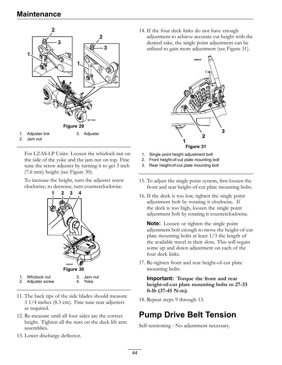 Pump drive belt tension, Maintenance | Exmark Lazer Z Mower 4500-645 User Manual | Page 44 / 64