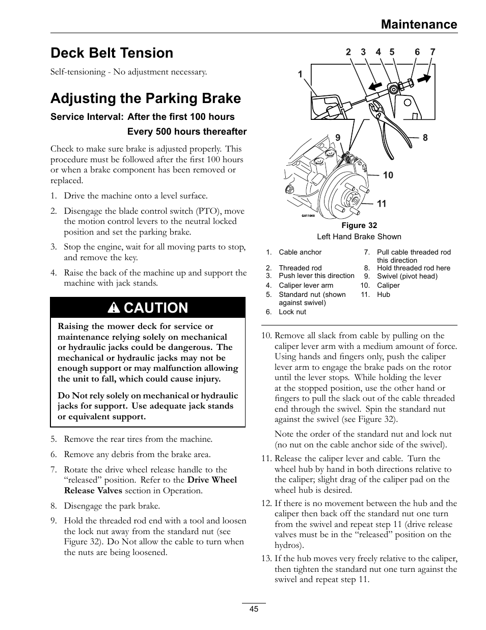 Deck belt tension, Adjusting the parking brake, Caution | Maintenance | Exmark Lazer Z Mower 4500-645 User Manual | Page 45 / 64