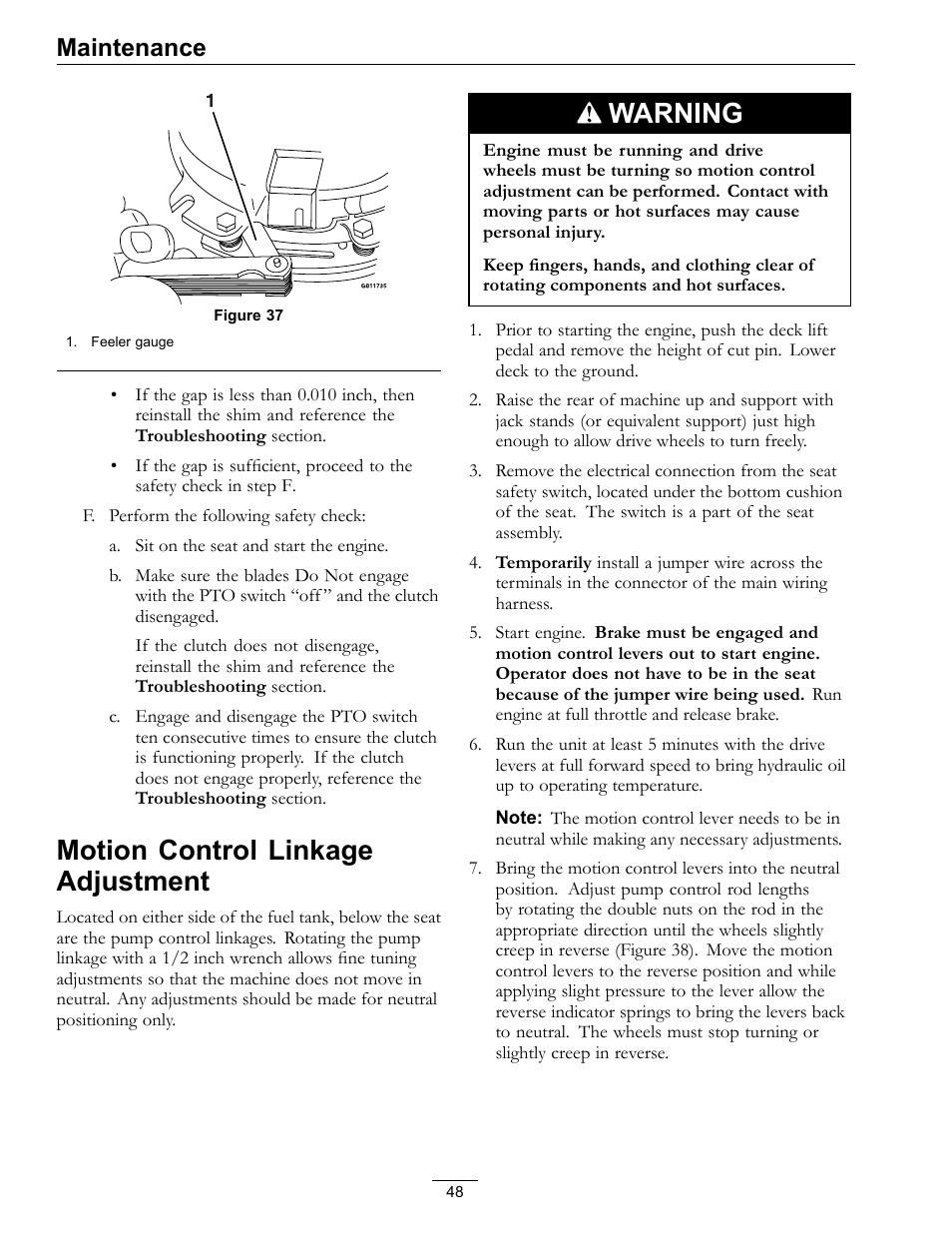 Motion control linkage adjustment, Warning, Maintenance | Exmark Lazer Z Mower 4500-645 User Manual | Page 48 / 64