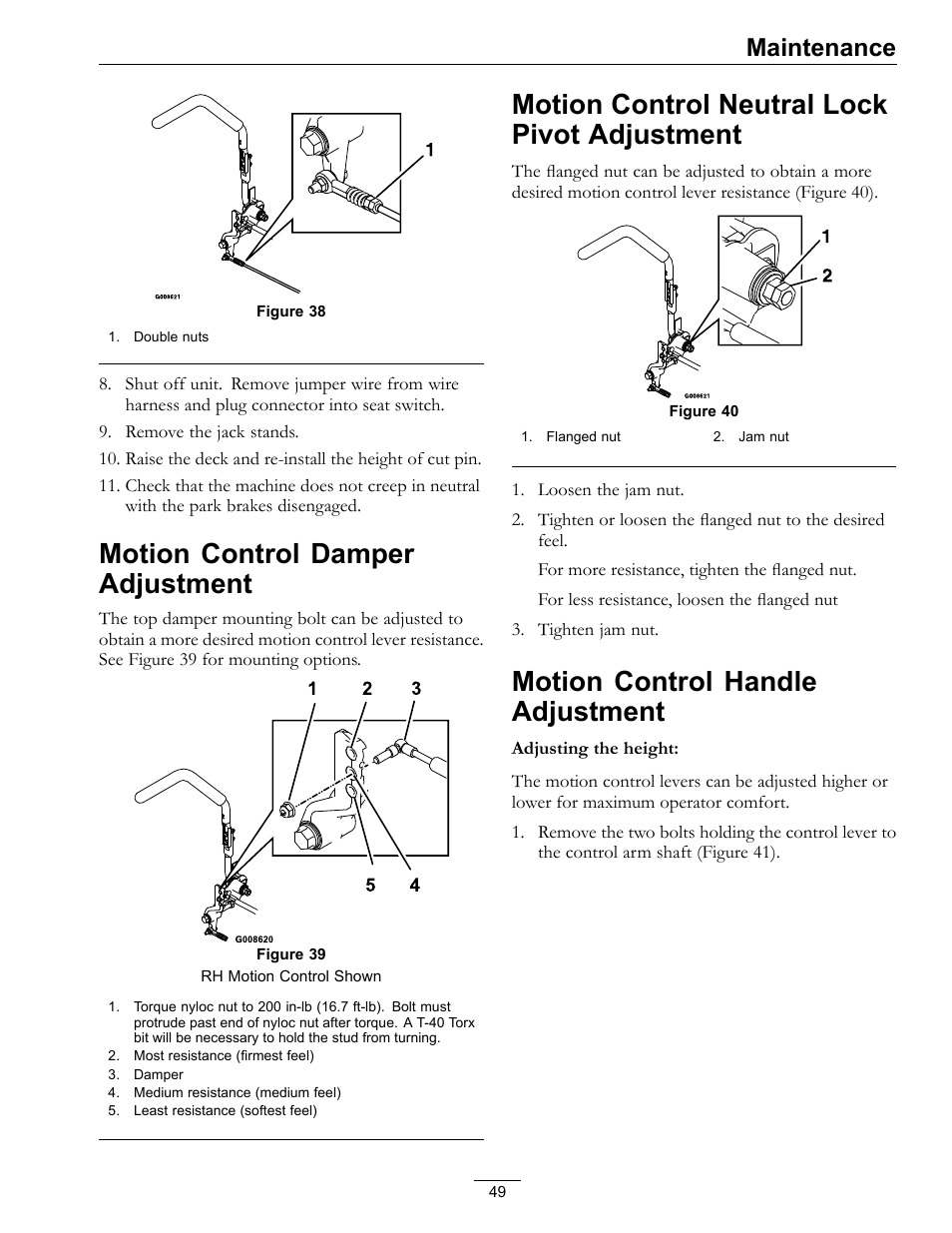 Adjustment, Motion control handle adjustment, Motion control damper adjustment | Motion control neutral lock pivot adjustment, Maintenance | Exmark Lazer Z Mower 4500-645 User Manual | Page 49 / 64