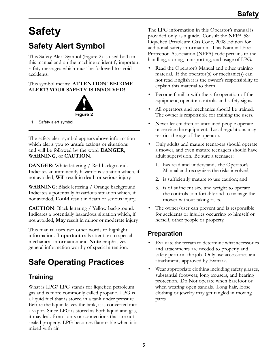 Safety, Safety alert symbol safe operating practices, Safety alert symbol | Safe operating practices | Exmark Lazer Z Mower 4500-645 User Manual | Page 5 / 64