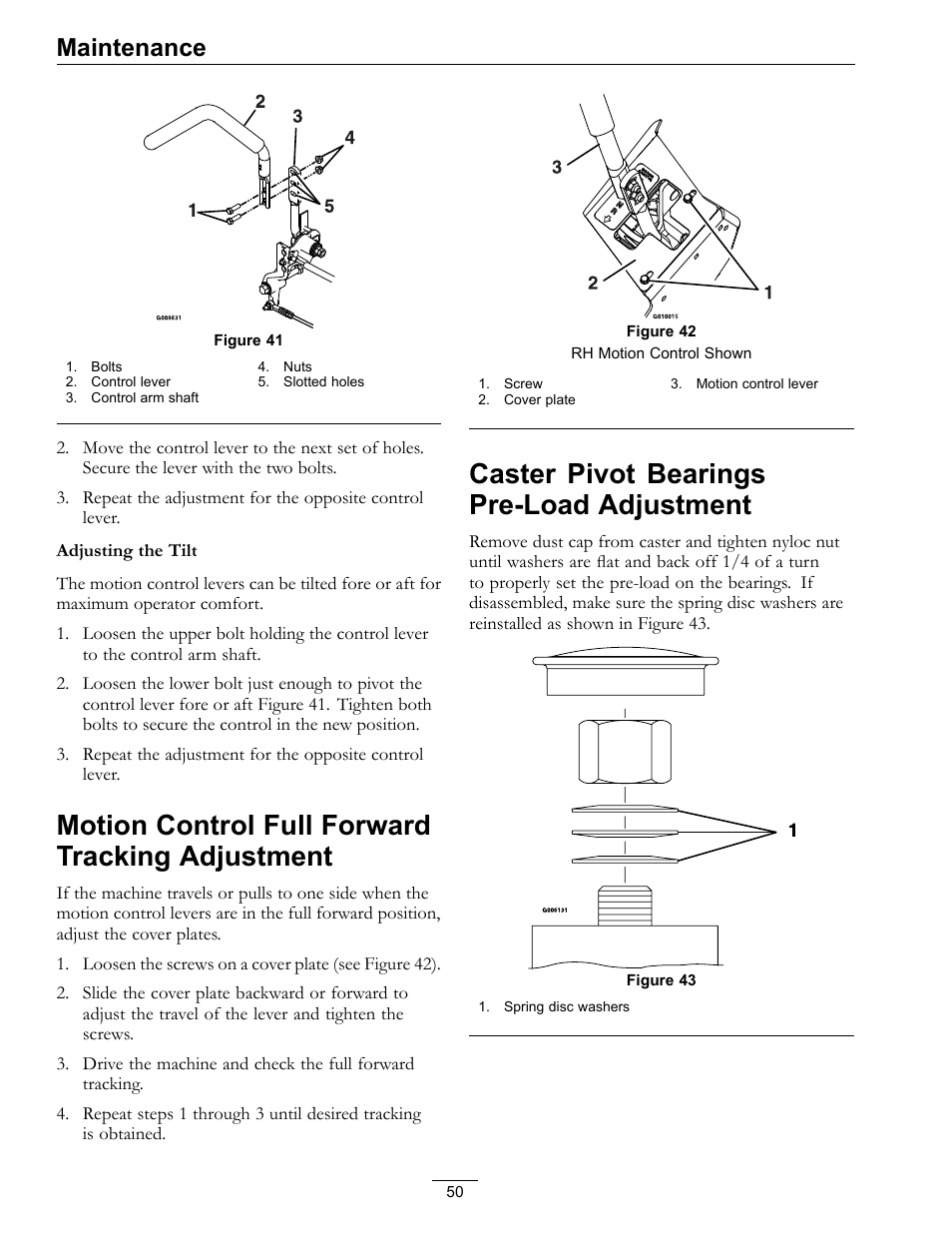 Motion control full forward tracking, Adjustment, Caster pivot bearings pre-load | Motion control full forward tracking adjustment, Caster pivot bearings pre-load adjustment, Maintenance | Exmark Lazer Z Mower 4500-645 User Manual | Page 50 / 64