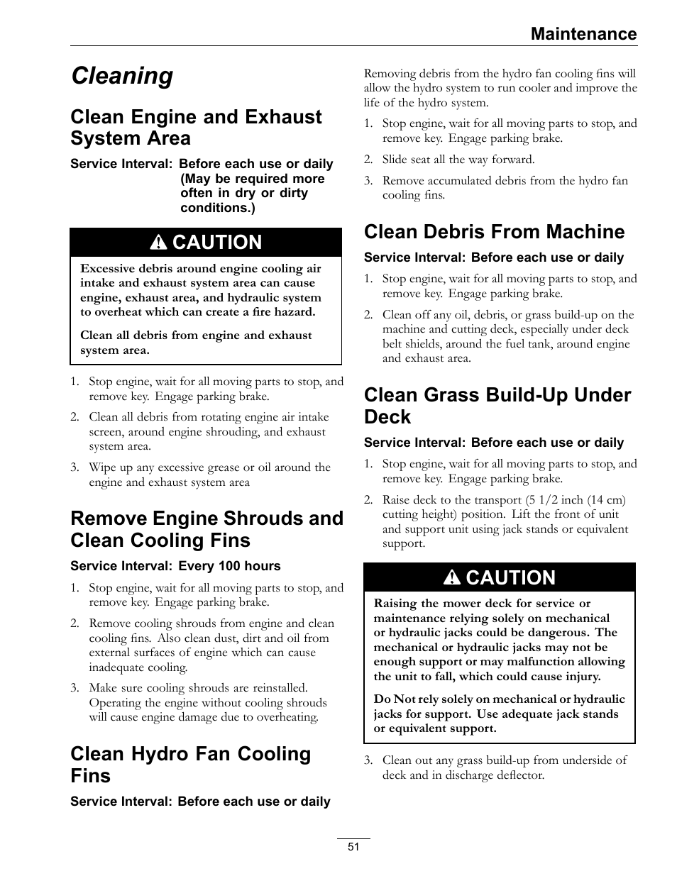 Cleaning, Clean engine and exhaust system, Area | Remove engine shrouds and clean cooling, Fins, Clean engine and exhaust system area, Caution, Remove engine shrouds and clean cooling fins, Clean hydro fan cooling fins, Clean debris from machine | Exmark Lazer Z Mower 4500-645 User Manual | Page 51 / 64
