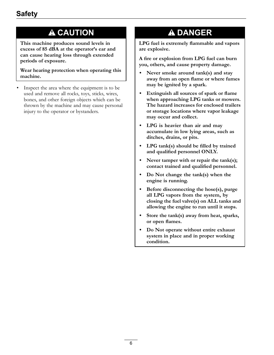 Caution, Danger, Safety | Exmark Lazer Z Mower 4500-645 User Manual | Page 6 / 64