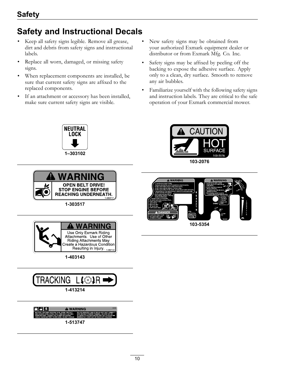 Safety and instructional decals, Safety | Exmark TT23KAEP User Manual | Page 10 / 44