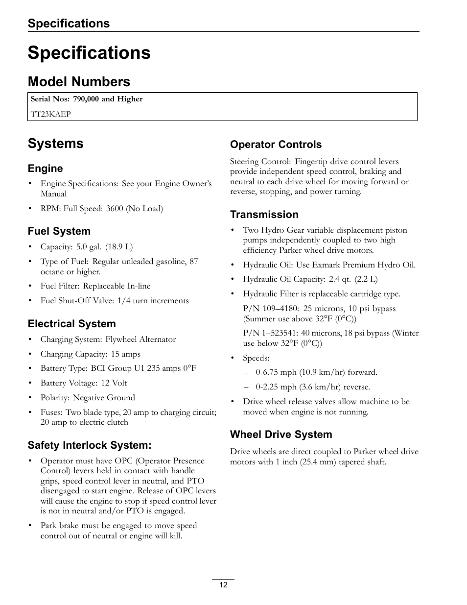 Specifications, Model numbers systems, Model numbers | Systems | Exmark TT23KAEP User Manual | Page 12 / 44