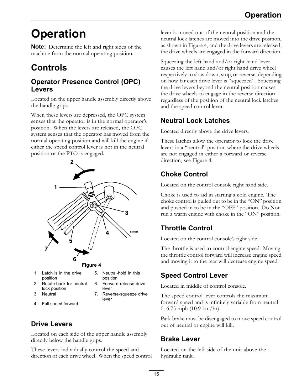 Operation, Controls, Operator presence control (opc) levers | Drive levers, Neutral lock latches, Choke control, Throttle control, Speed control lever, Brake lever | Exmark TT23KAEP User Manual | Page 15 / 44