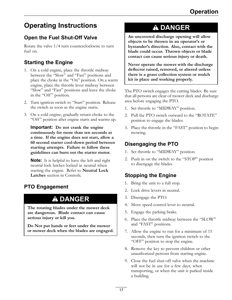 Operating instructions, Danger, Operation | Exmark TT23KAEP User Manual | Page 17 / 44