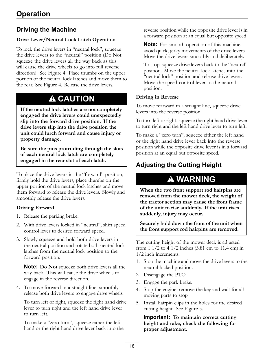 Caution, Warning, Operation | Exmark TT23KAEP User Manual | Page 18 / 44