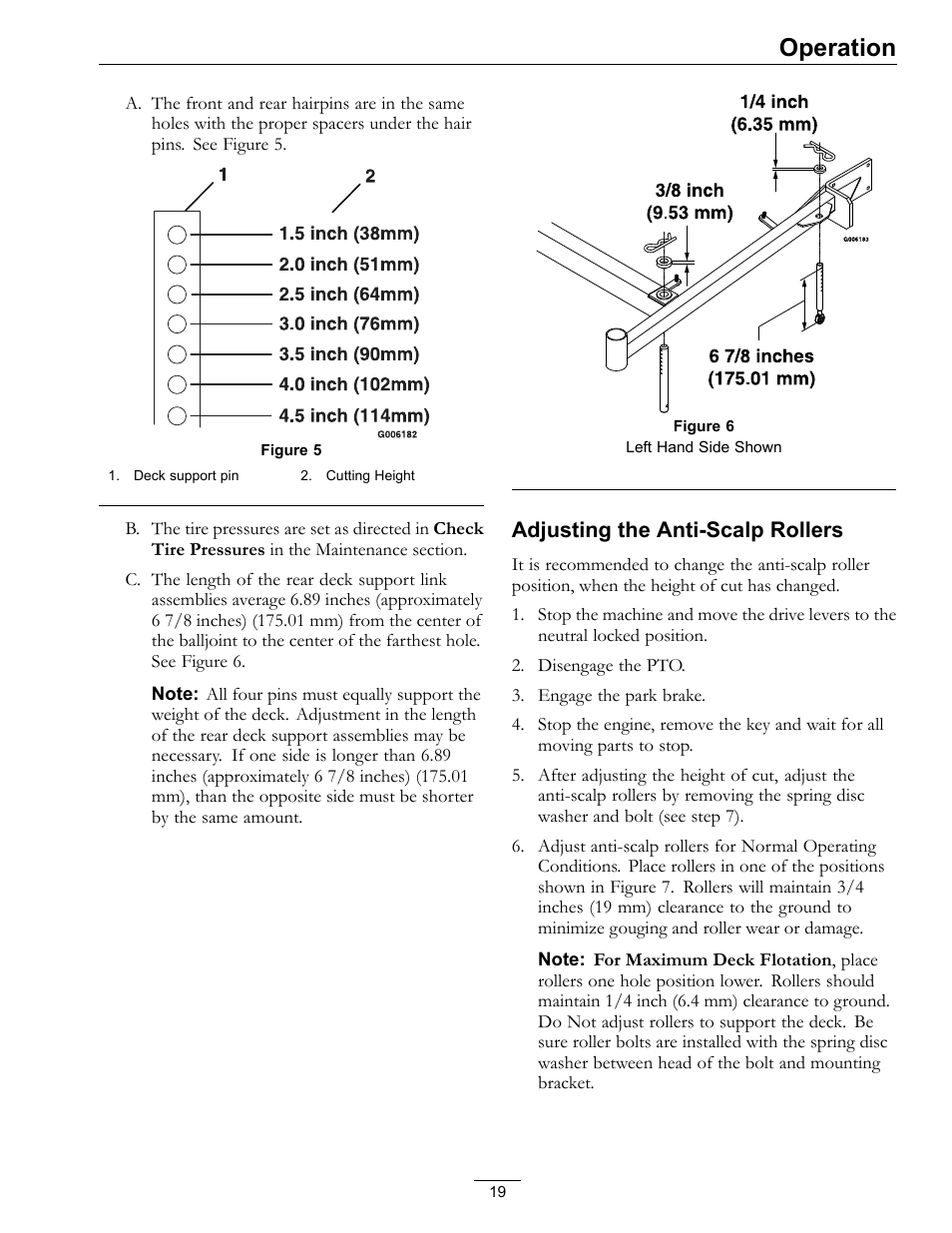 Operation, Adjusting the anti-scalp rollers | Exmark TT23KAEP User Manual | Page 19 / 44