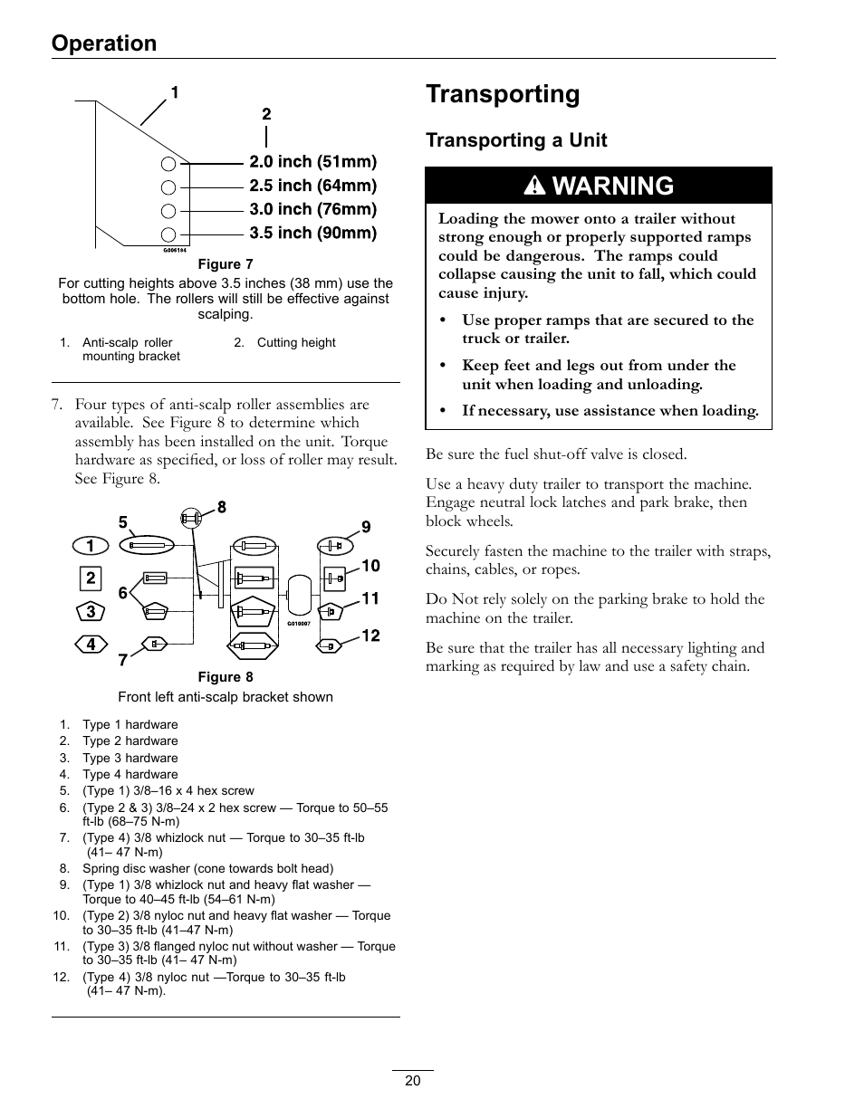 Transporting, Figure 8, Figure 7 | Warning, Operation, Transporting a unit | Exmark TT23KAEP User Manual | Page 20 / 44