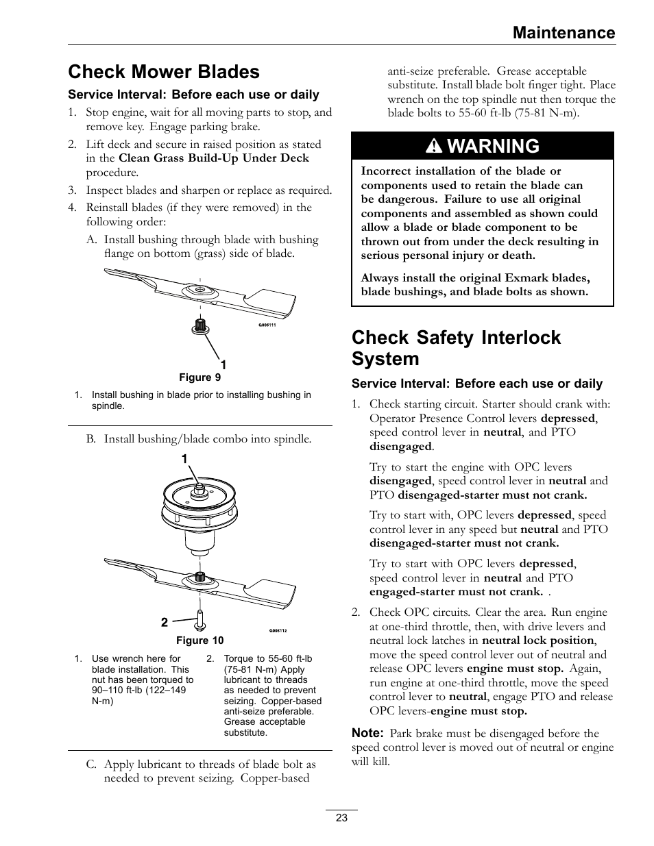 Check mower blades check safety interlock system, Check mower blades, Warning | Check safety interlock system, Maintenance | Exmark TT23KAEP User Manual | Page 23 / 44