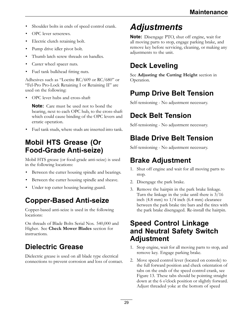 Mobil hts grease (or food-grade, Anti-seize), Copper-based anti-seize dielectric grease | Adjustments, Blade drive belt tension, Brake adjustment, Speed control linkage and neutral safety, Switch adjustment, Mobil hts grease (or food-grade anti-seize), Copper-based anti-seize | Exmark TT23KAEP User Manual | Page 29 / 44