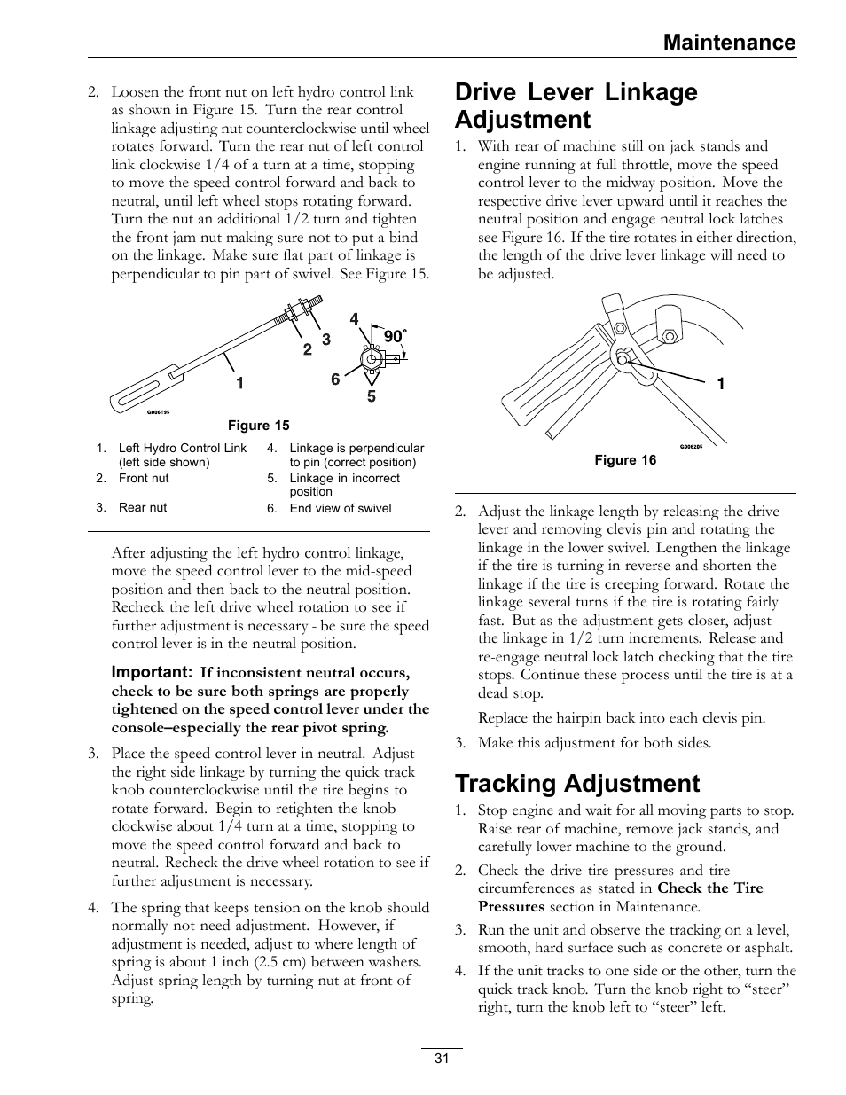 Drive lever linkage adjustment tracking adjustment, Drive lever linkage adjustment, Tracking adjustment | Maintenance | Exmark TT23KAEP User Manual | Page 31 / 44