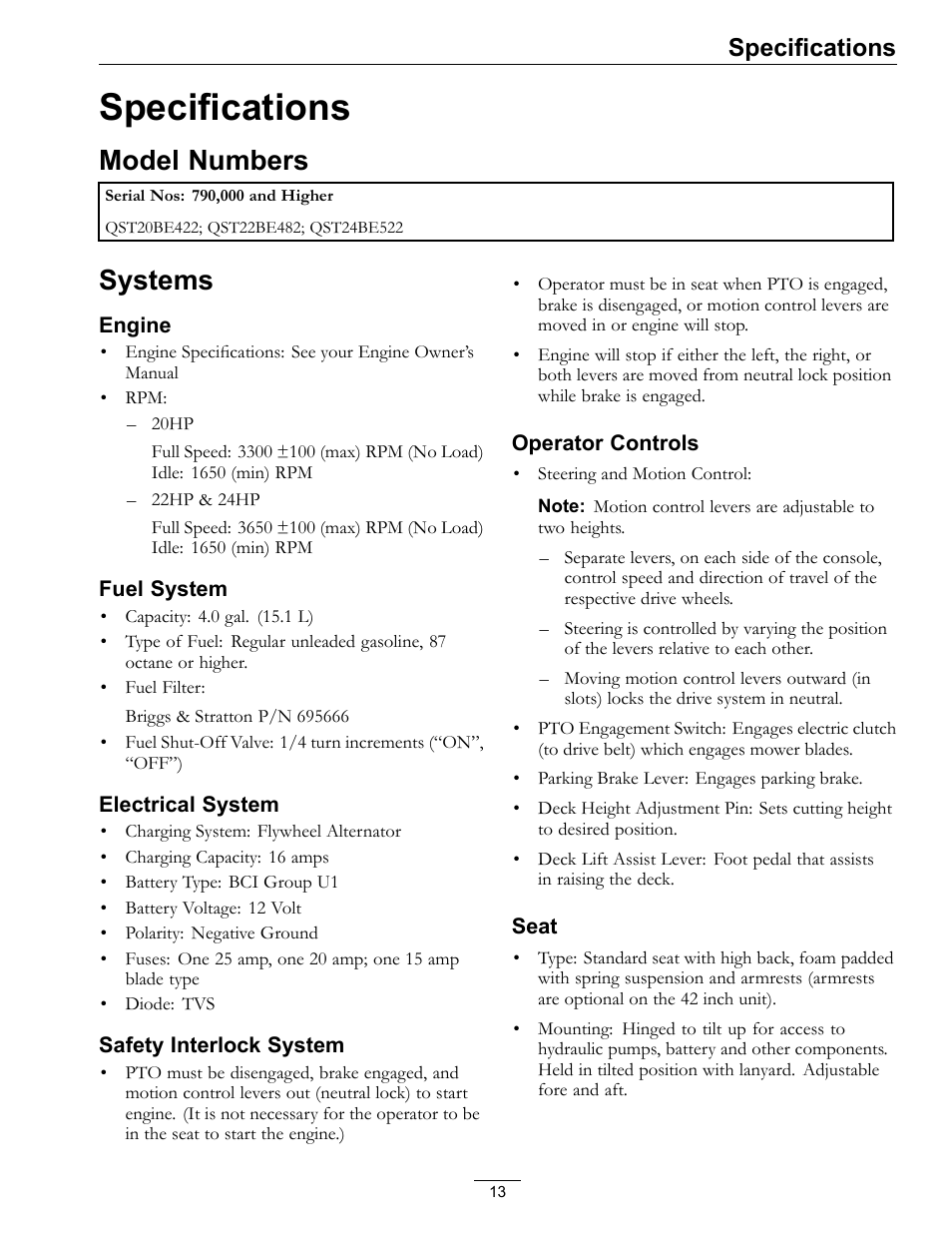 Specifications, Model numbers systems, Model numbers | Systems | Exmark Quest 4500-450 User Manual | Page 13 / 56