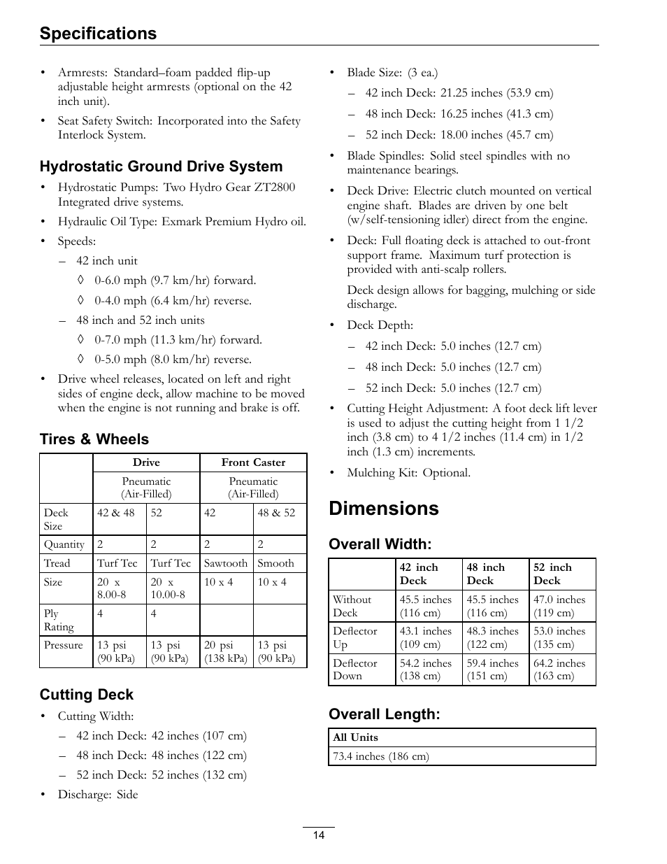 Dimensions, Specifications | Exmark Quest 4500-450 User Manual | Page 14 / 56