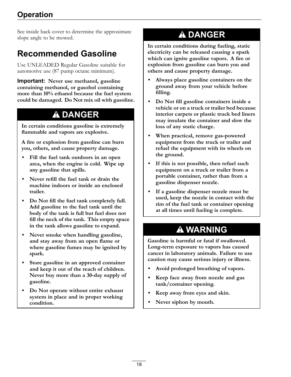 Recommended gasoline, Danger, Warning | Operation | Exmark Quest 4500-450 User Manual | Page 18 / 56