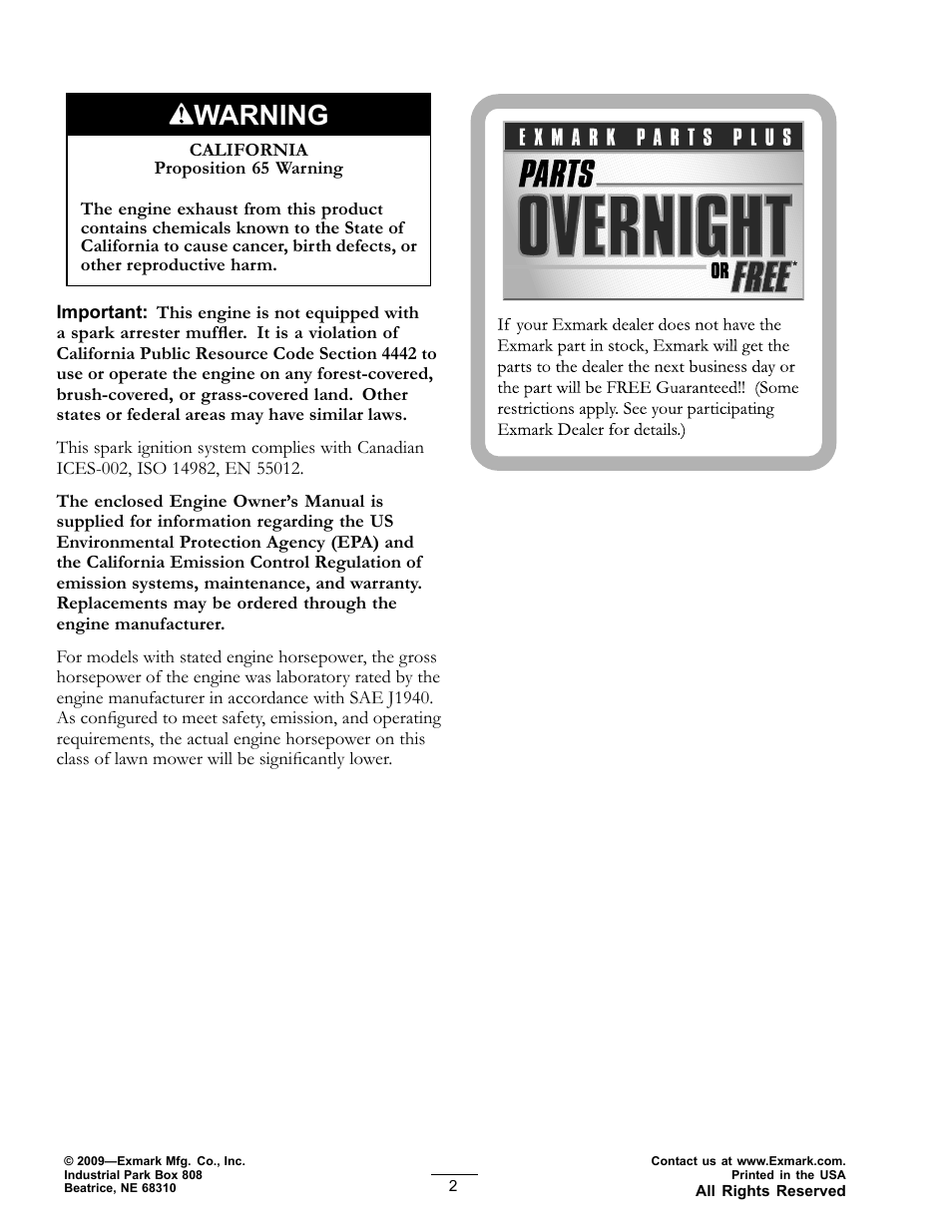 Warning | Exmark Quest 4500-450 User Manual | Page 2 / 56