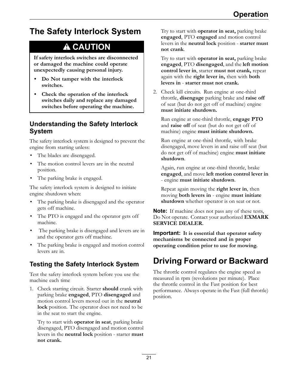 The safety interlock system caution, Driving forward or backward, Operation | Exmark Quest 4500-450 User Manual | Page 21 / 56