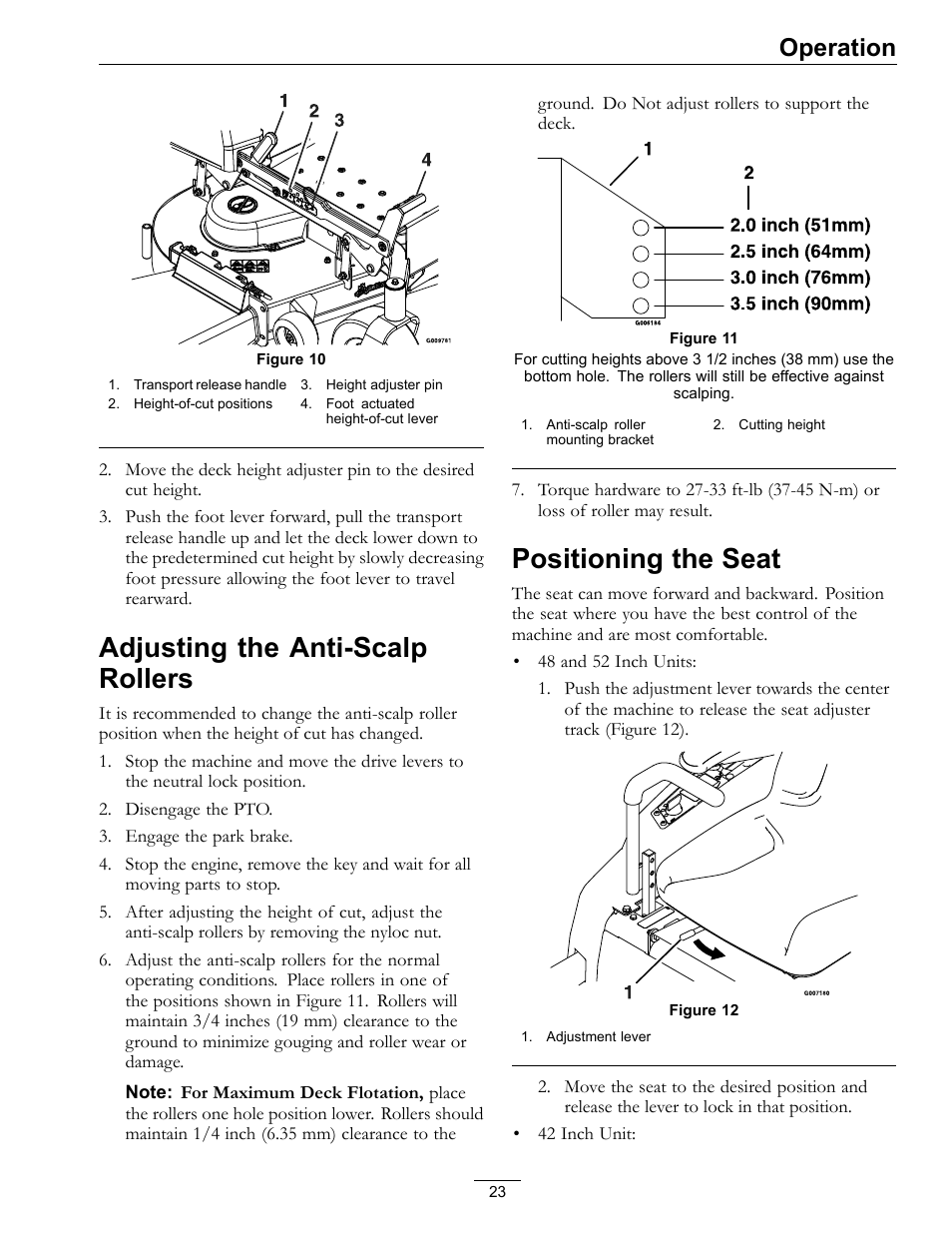 Figure 10), Adjusting the anti-scalp rollers, Positioning the seat | Operation | Exmark Quest 4500-450 User Manual | Page 23 / 56